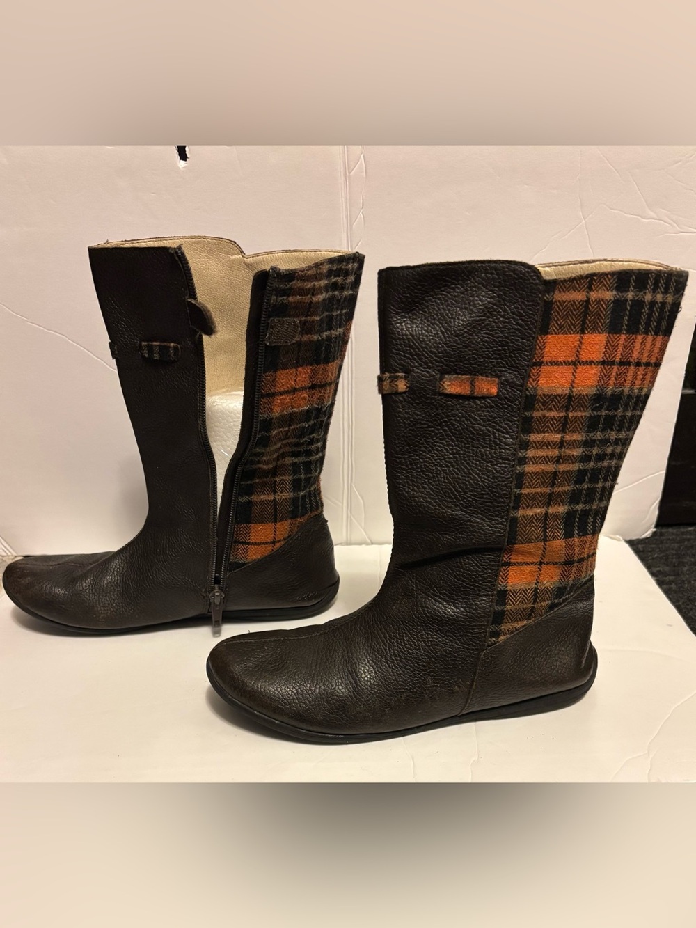 Umi Rayna Leather Plaid Stylish Girls Boots Brown Orange